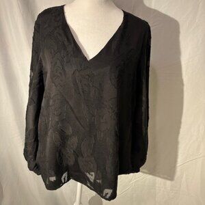 NWT Mustard Seed Bubble Sleeve Black Flower Print Blouse Women's Size Large